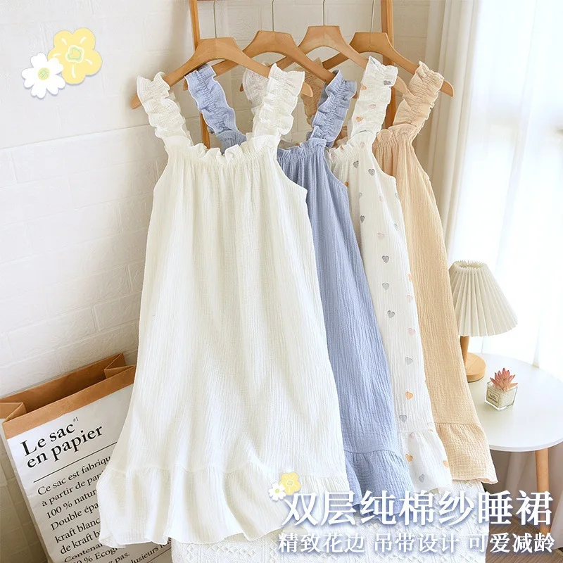 Sweet Cotton Gauze Women‘s Nightgown, Spaghetti Strap Midi Dress & Loose Fit, Breathable Lightweight Summer Home Loungewear