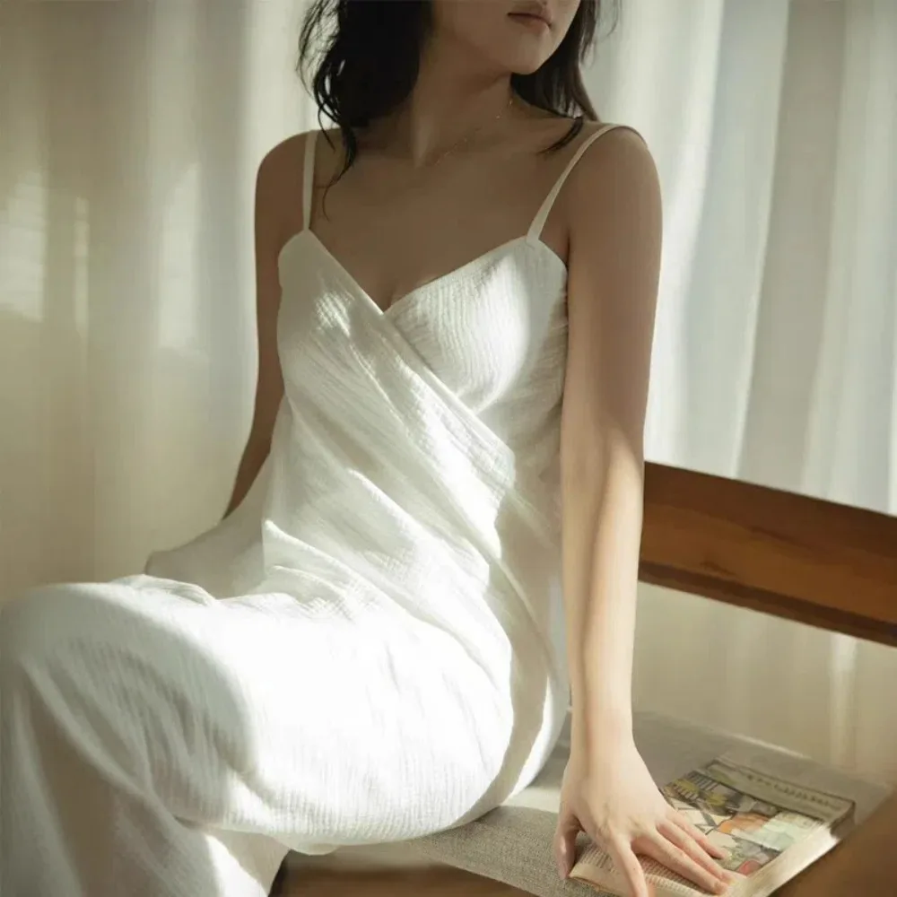 Sweet Cotton Suspender Nightdress White Backless Pajamas Skirt Camisole Sleepshirts Sling Sleepwear Home - Image 2