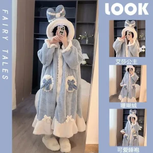Sweet bow princess style nightgown, women's autumn and winter coral fleece thick sleepwear outer nightgown home clothes bathrobe