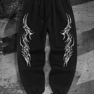 Symmetric gothic spike patterns decorate men's hip hop joggers, drawstring waist brings comfy loose fit for dark street sports