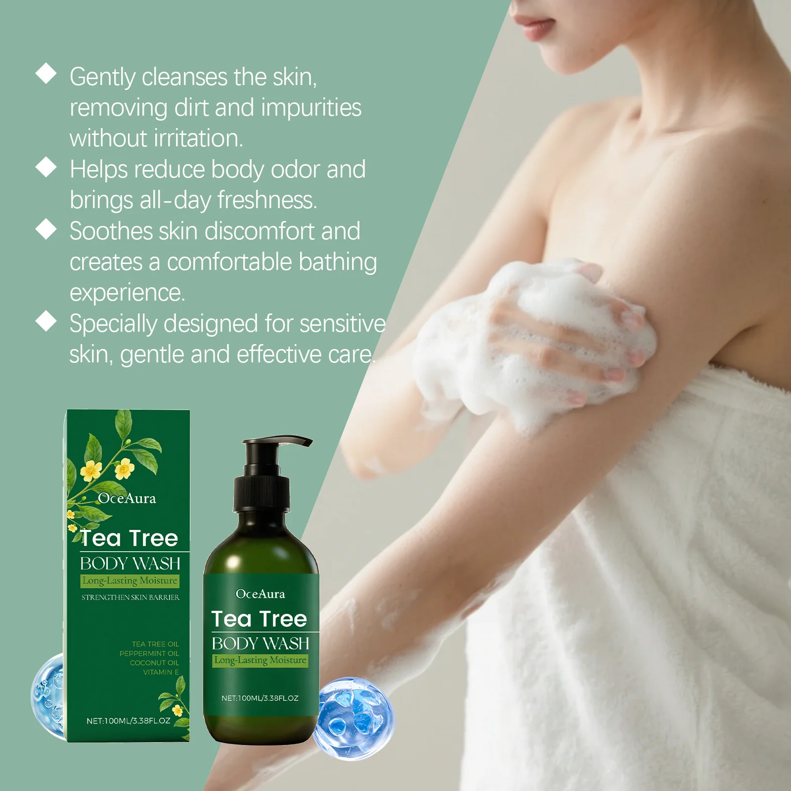 Tea Tree Shower Gel Gentle Cleansing Moisturizing Smoothing Refreshing Brightening Acne Treatment Fragrance Soothing Body Wash - Image 2
