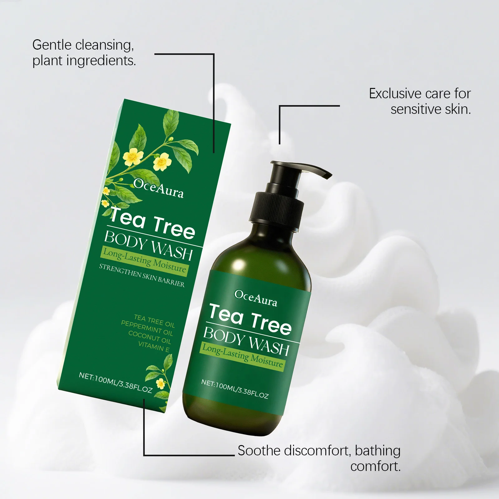 Tea Tree Shower Gel Gentle Cleansing Moisturizing Smoothing Refreshing Brightening Acne Treatment Fragrance Soothing Body Wash - Image 3