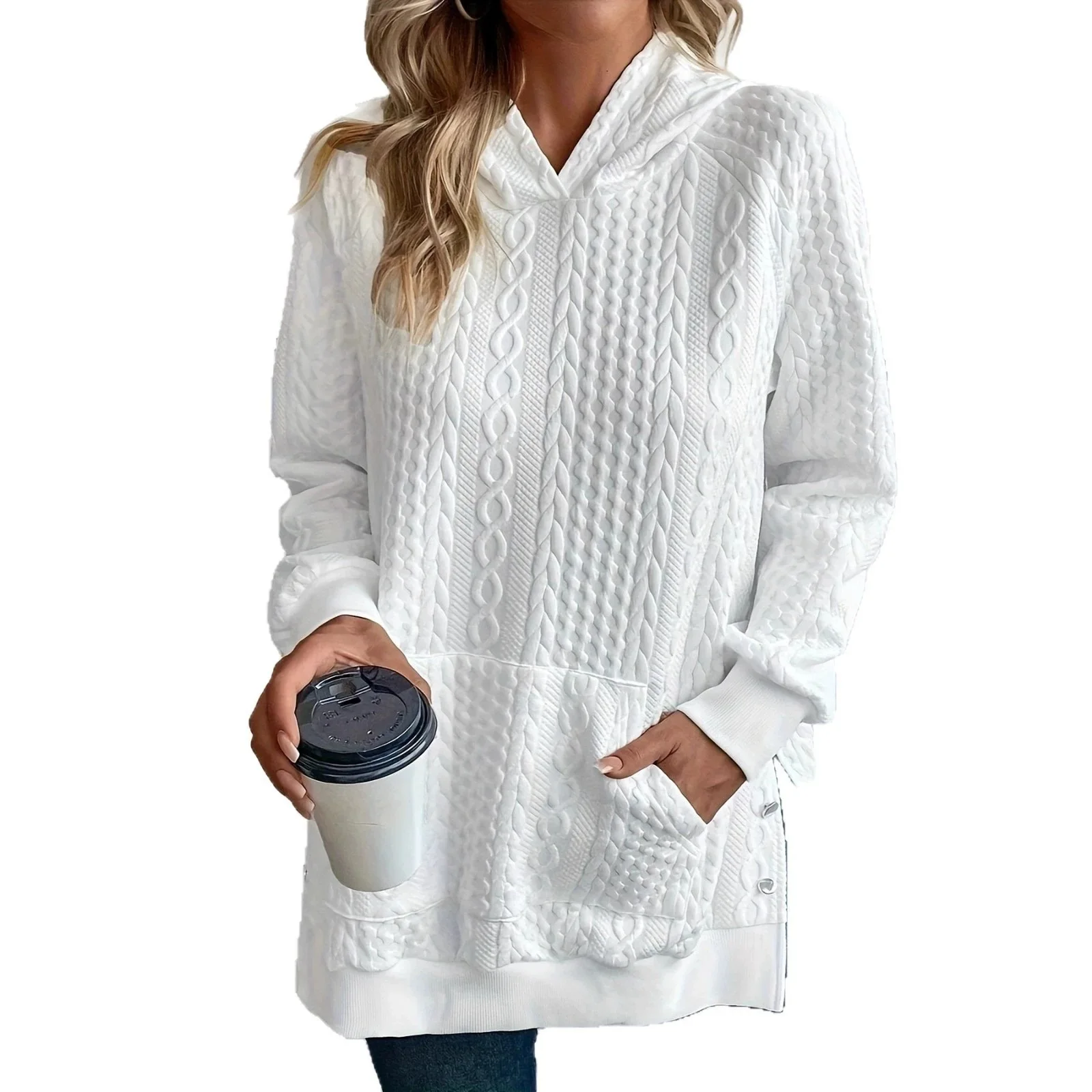 Textured Cable Hoodie With Front Pocket Side Button Split Hem Loose Long Sleeve Casual Daily Women Sweatshirt - Image 2