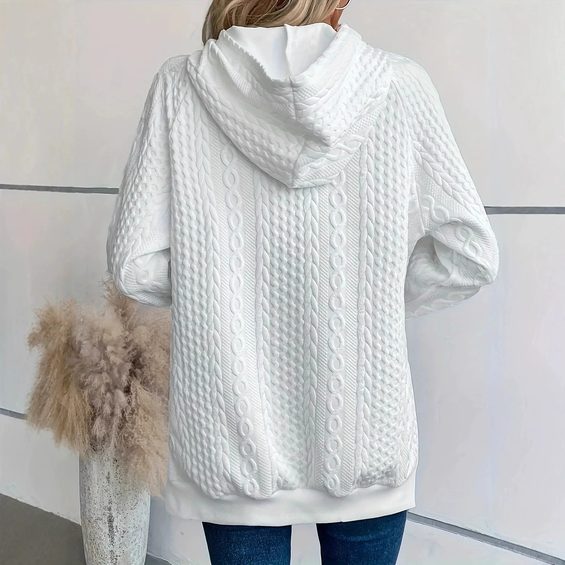 Textured Cable Hoodie With Front Pocket Side Button Split Hem Loose Long Sleeve Casual Daily Women Sweatshirt - Image 4