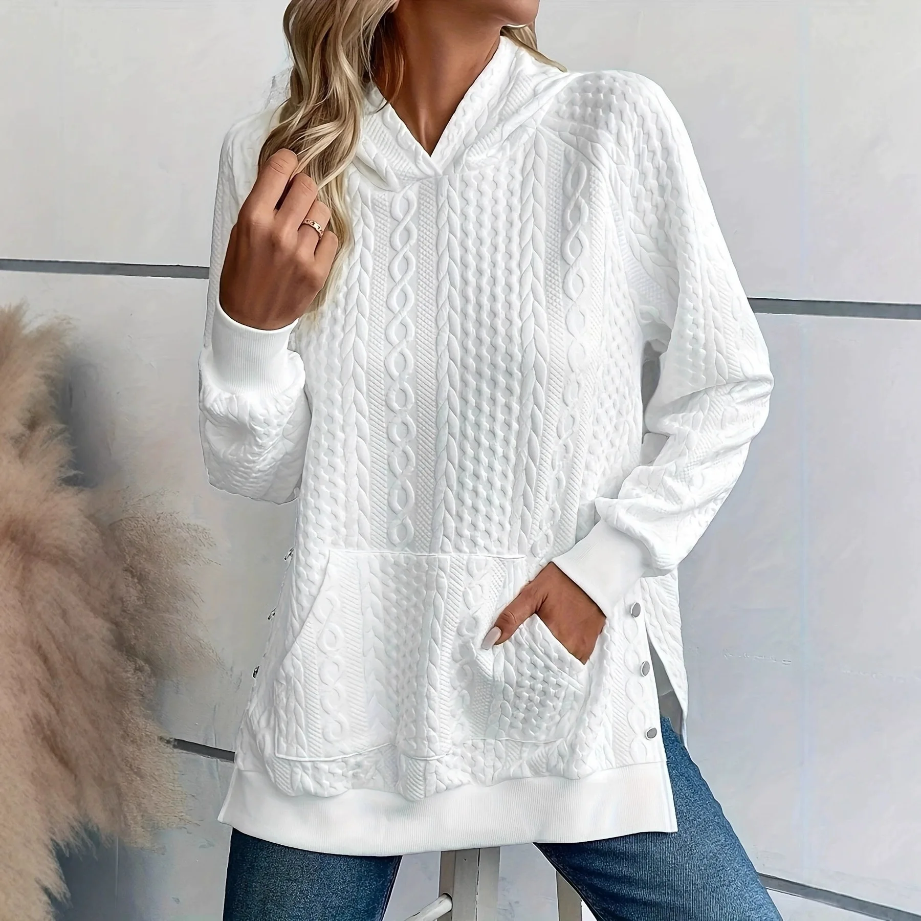 Textured Cable Hoodie With Front Pocket Side Button Split Hem Loose Long Sleeve Casual Daily Women Sweatshirt - Image 3