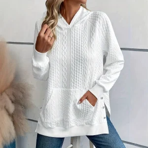 Textured Cable Hoodie With Front Pocket Side Button Split Hem Loose Long Sleeve Casual Daily Women Sweatshirt