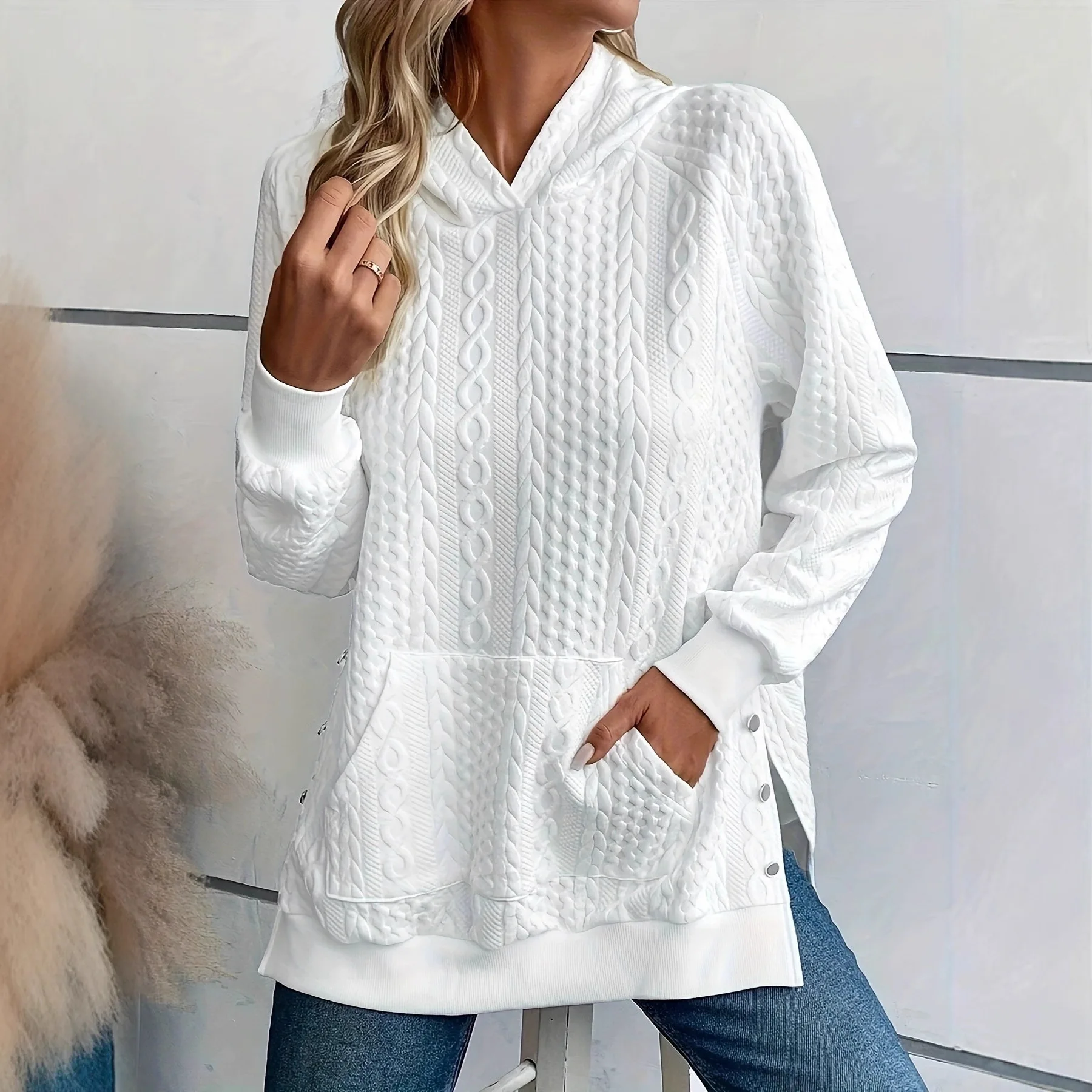 Textured Cable Hoodie With Front Pocket Side Button Split Hem Loose Long Sleeve Casual Daily Women Sweatshirt