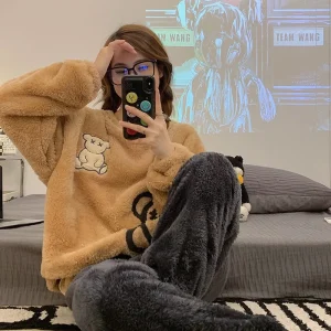 Thickened Warm Flannel Women Sleepwear Homewear for Winter Tops and Trousers Ladies Nightwear Loungewear Two-Piece Set Pajamas
