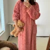 Thickened Warm Plus Size Women Sleepwear Flannel Winter Striped Coral Velvet Long-Sleeved Nightwear Bathrobe One Piece Pajamas