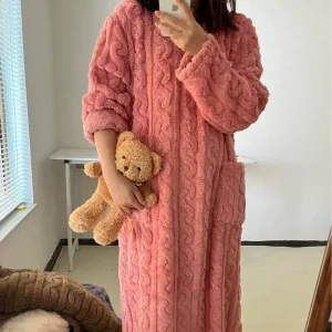 Thickened Warm Plus Size Women Sleepwear Flannel Winter Striped Coral Velvet Long-Sleeved Nightwear Bathrobe One Piece Pajamas