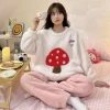 Thickened Warm Sleepwear for Winter Coral Velvet Strawberry Flannel Loungewear Women Pajamas International Students 2PCS/Set