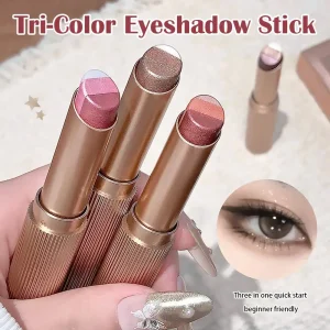 Three-Color Eyeshadow Stick, Shimmering Highlighter Eyeshadow Stick, Waterproof and Long-Lasting Pearlescent Metallic Eyeshadow