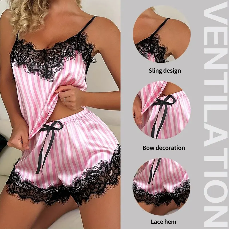 Two Piece Women's V-Neck Sexy Lace Suspender Pajama Shorts Set Casual Women's Sleeveless Sexy Pajama Set - Image 5