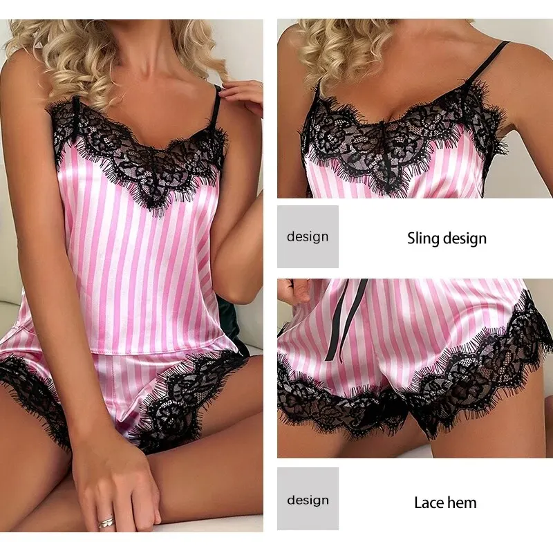 Two Piece Women's V-Neck Sexy Lace Suspender Pajama Shorts Set Casual Women's Sleeveless Sexy Pajama Set - Image 3
