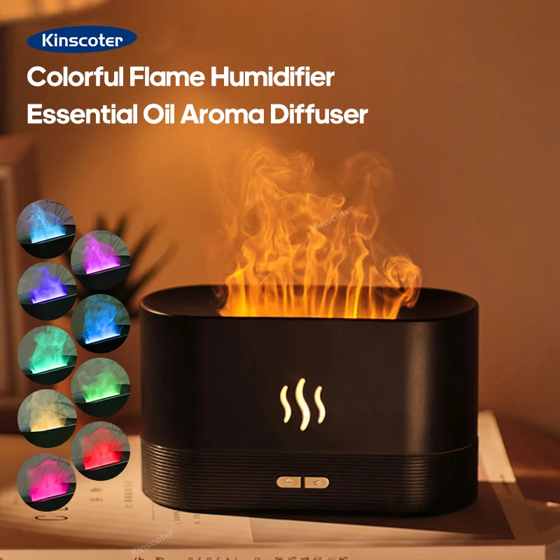 USB Desktop Flame Aroma Diffuser Humidifier 7 Colors Simulation Light Aromatherapy Air Purifier for Bedroom/Essential Oil Set