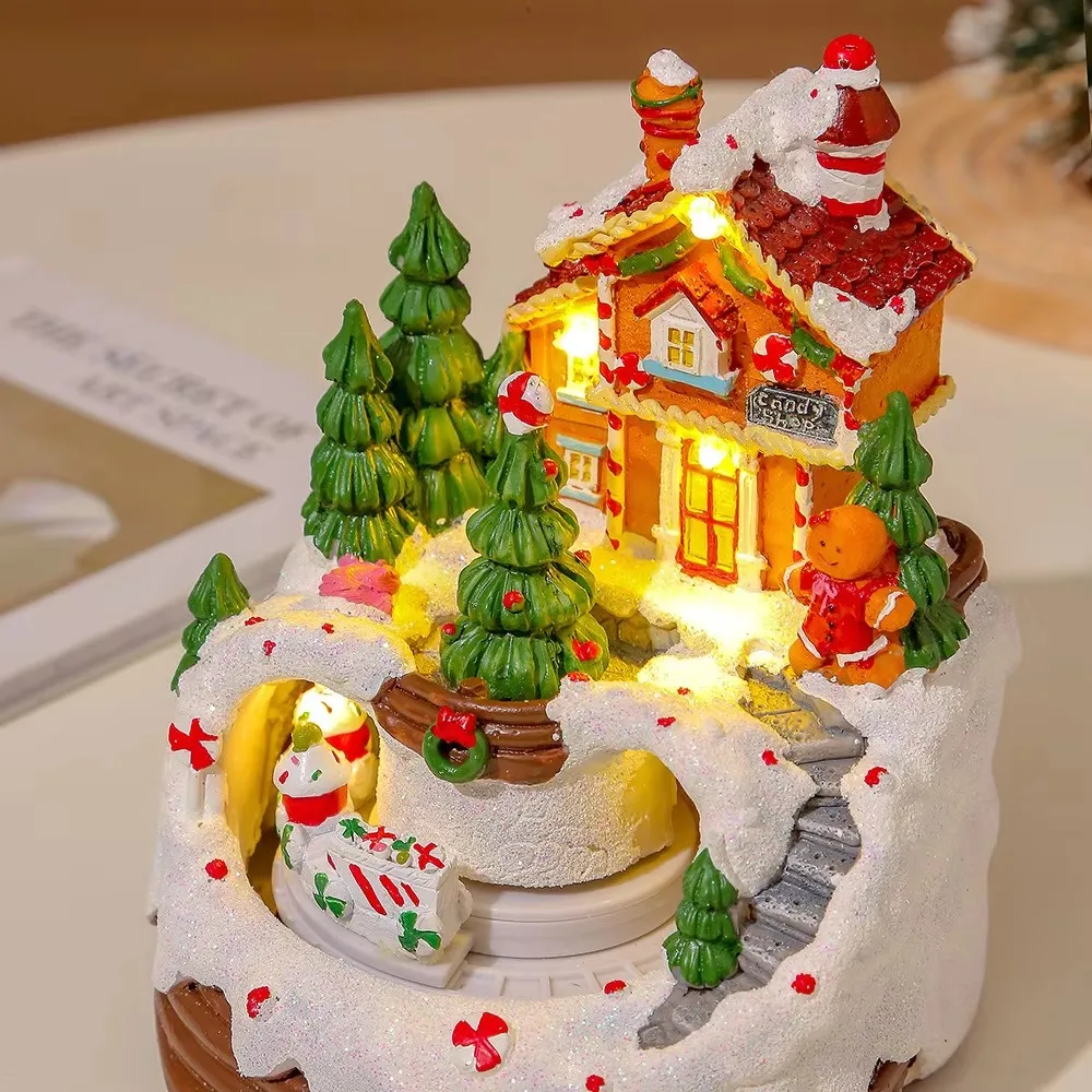 Unique Christmas Village Houses Sets Rotating Train Display Figurines-LED Light Up Musical,Battery Operated Holiday Decoration