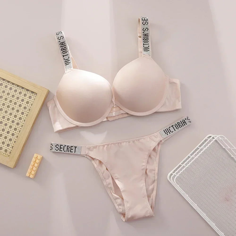 VS Very Sexy Logo Shine Strap Push Up Bra and Shine Script Thong Panty Elegant Two Piece Set for Women - Image 2