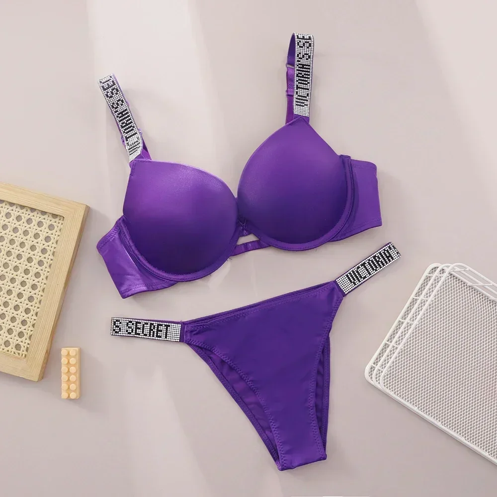 VS Very Sexy Logo Shine Strap Push Up Bra and Shine Script Thong Panty Elegant Two Piece Set for Women - Image 4