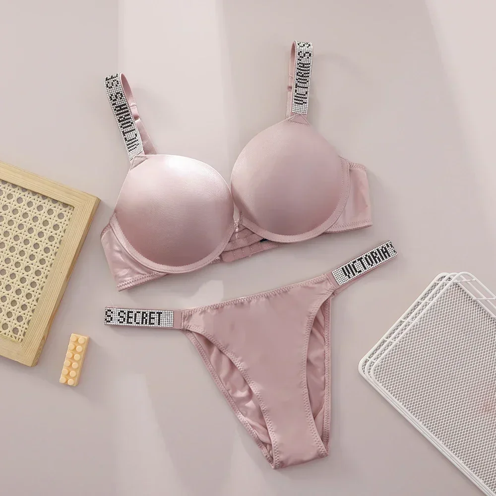 VS Very Sexy Logo Shine Strap Push Up Bra and Shine Script Thong Panty Elegant Two Piece Set for Women - Image 3