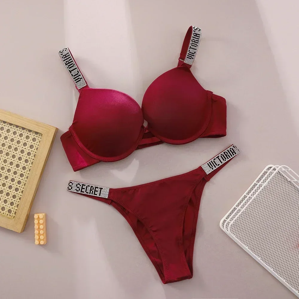 VS Very Sexy Logo Shine Strap Push Up Bra and Shine Script Thong Panty Elegant Two Piece Set for Women - Image 5