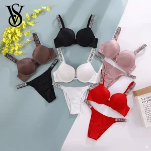 VS Very Sexy Logo Shine Strap Push Up Bra and Shine Script Thong Panty Elegant Two Piece Set for Women