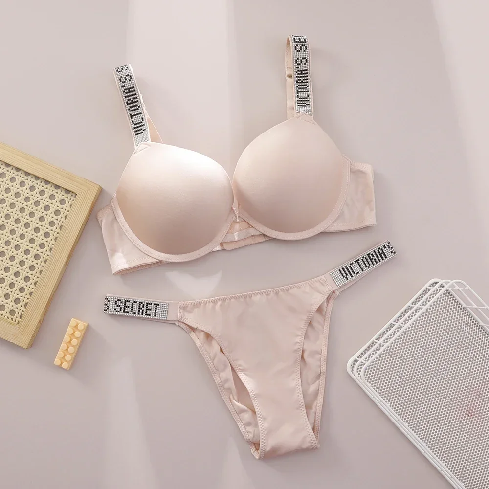 VS Very Sexy Shine Strap Push Up Bra Logo Shine Script Thong Sexy Lingerie Set Women Underwear - Image 2
