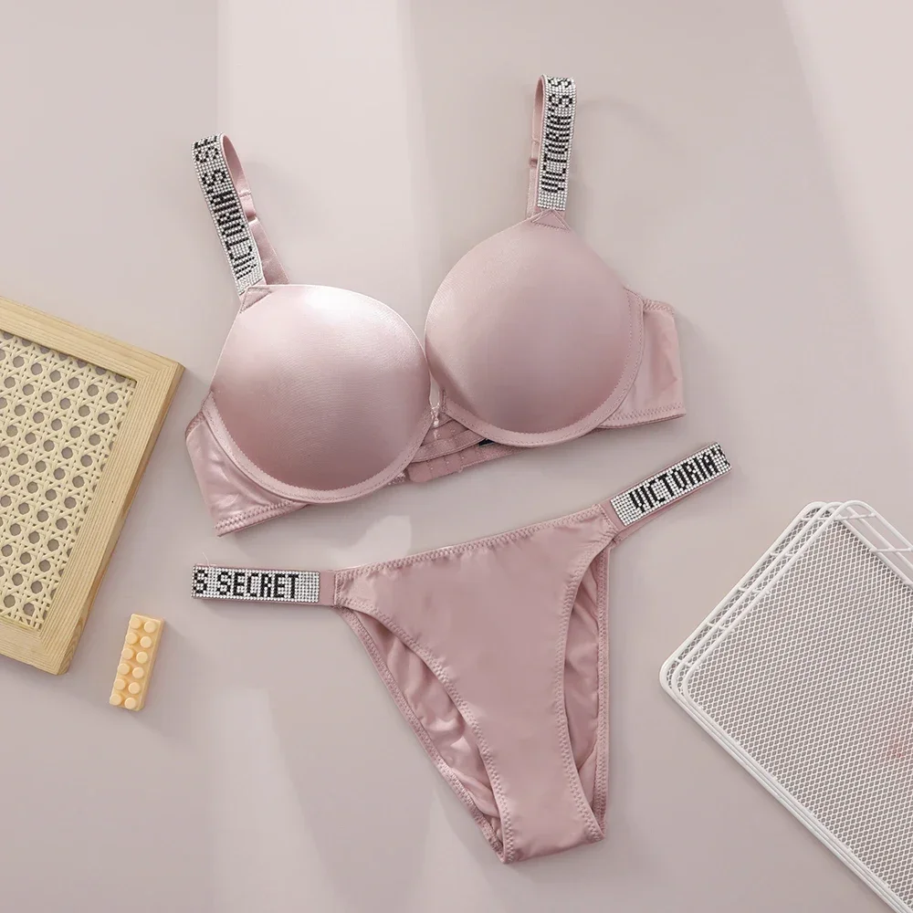 VS Very Sexy Shine Strap Push Up Bra Logo Shine Script Thong Sexy Lingerie Set Women Underwear - Image 3