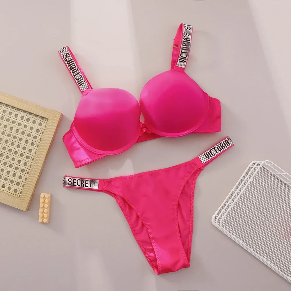 VS Very Sexy Shine Strap Push Up Bra Logo Shine Script Thong Sexy Lingerie Set Women Underwear - Image 6