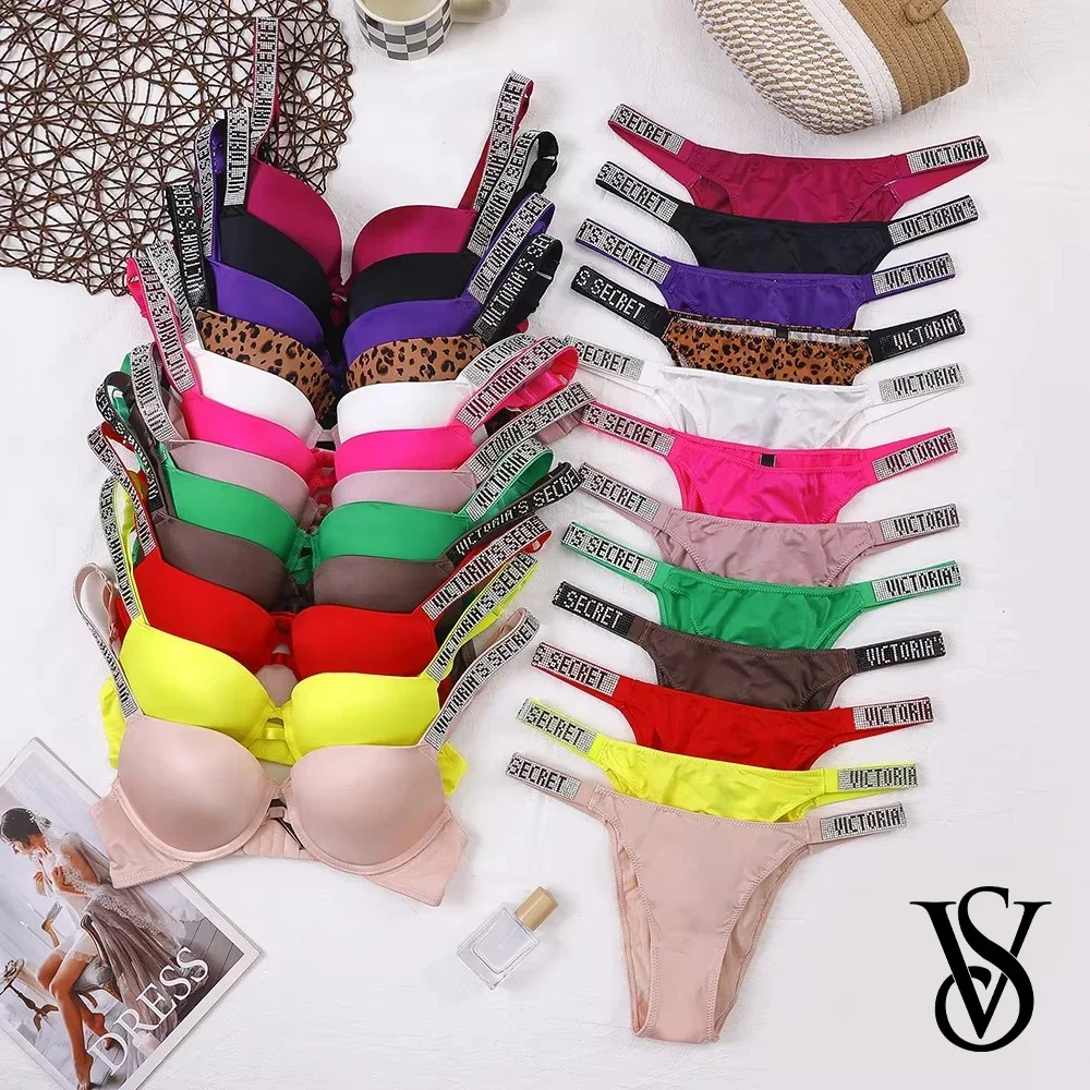 VS Very Sexy Shine Strap Push Up Bra Logo Shine Script Thong Sexy Lingerie Set Women Underwear