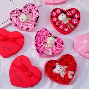 Valentines Day Gift for Her Gift Box with Bear Soap Rose Flower Romantic Mothers Day Wedding Birthday Gift Home Party Decor 1PC