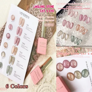 Vendeeni 6-Colors Set Pink Jelly Cat Eye Gel Nail Polish UV LED Nude Skin Crystal Magnetic Manicure Varnish with Color Card