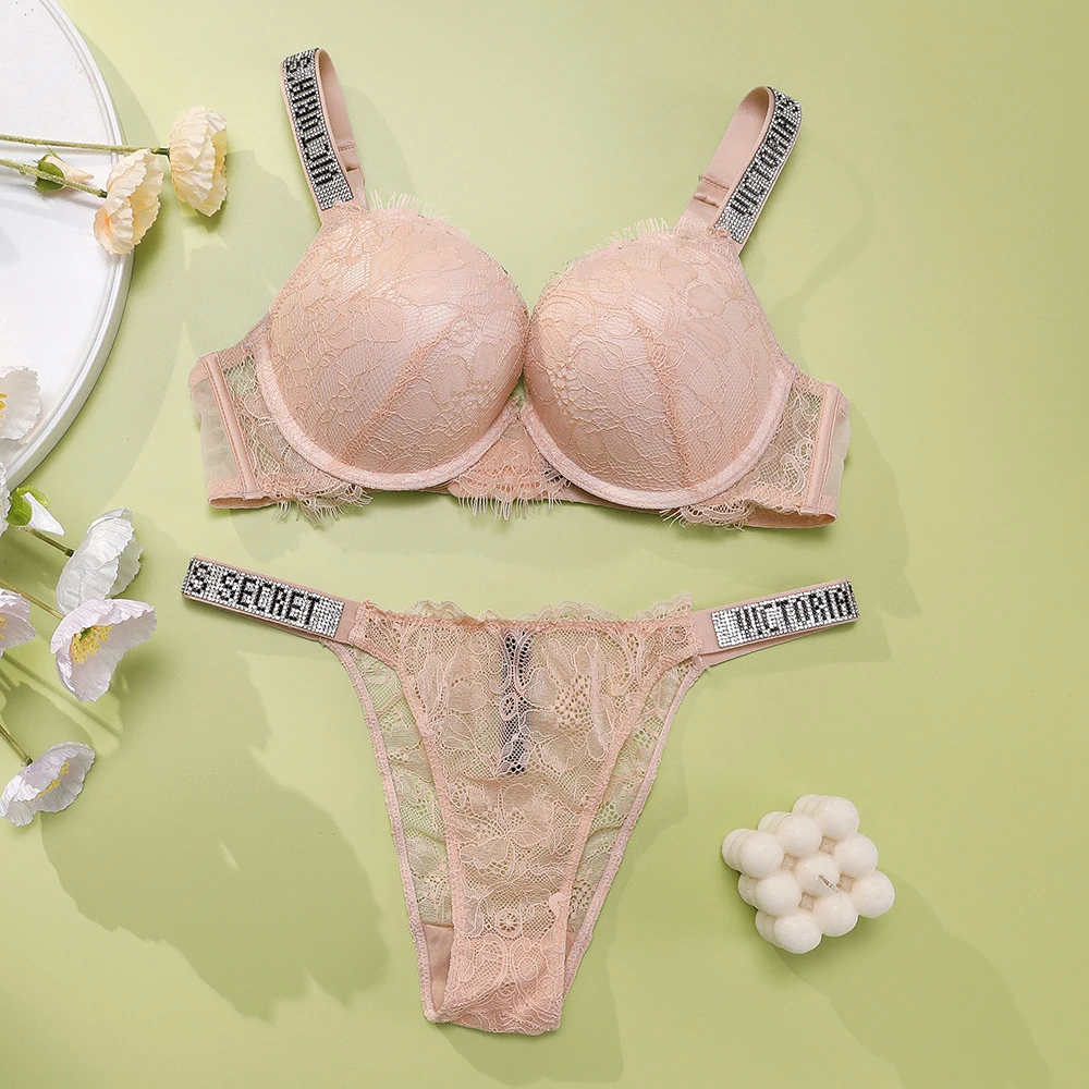 Victoria Secret Sexy Lingerie Set Very Sexy Eyelash Lace Fringe Trim Push Up Bra Shine Script Thong Panty Women - Image 4