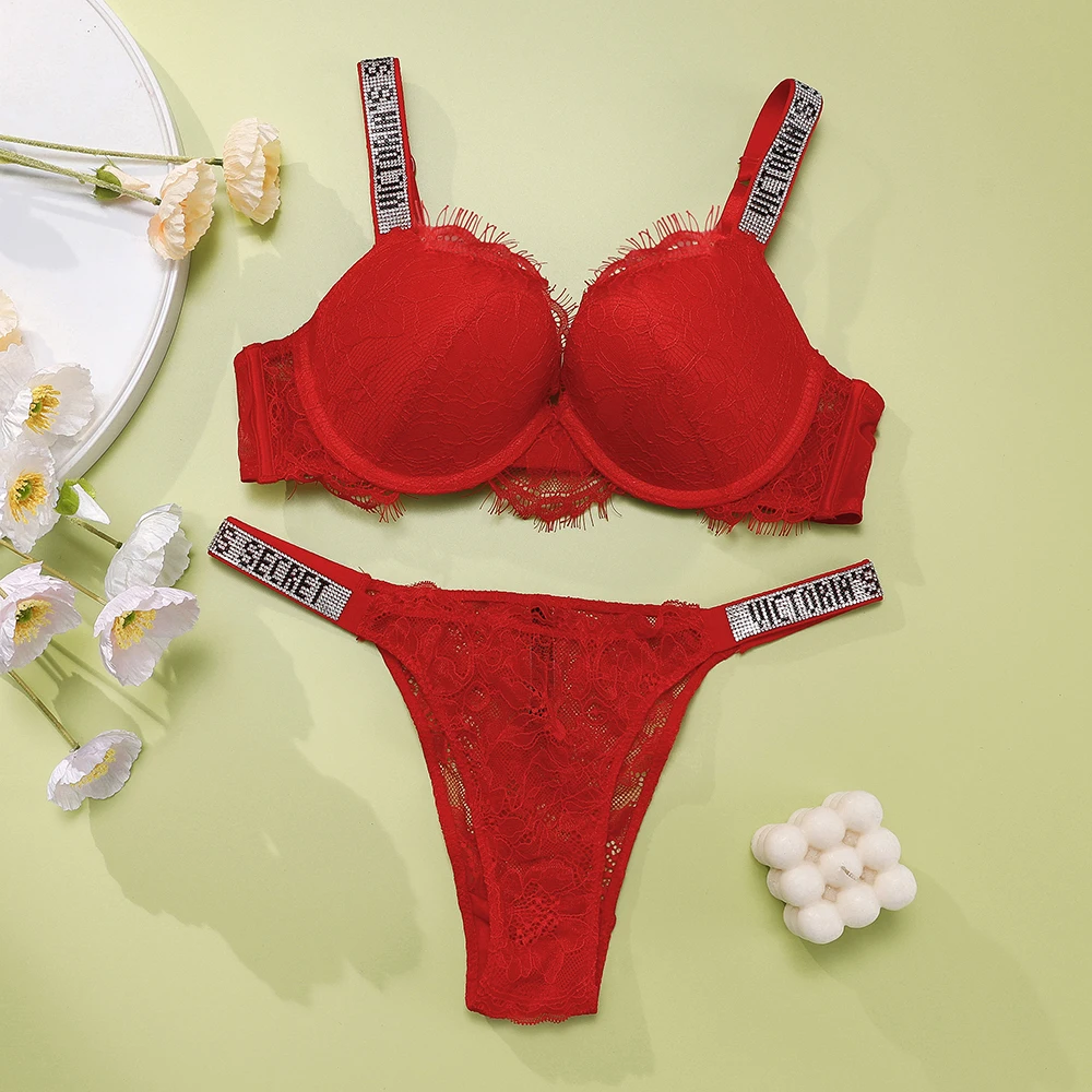 Victoria Secret Sexy Lingerie Set Very Sexy Eyelash Lace Fringe Trim Push Up Bra Shine Script Thong Panty Women - Image 3