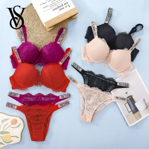 Victoria Secret Sexy Lingerie Set Very Sexy Eyelash Lace Fringe Trim Push Up Bra Shine Script Thong Panty Women