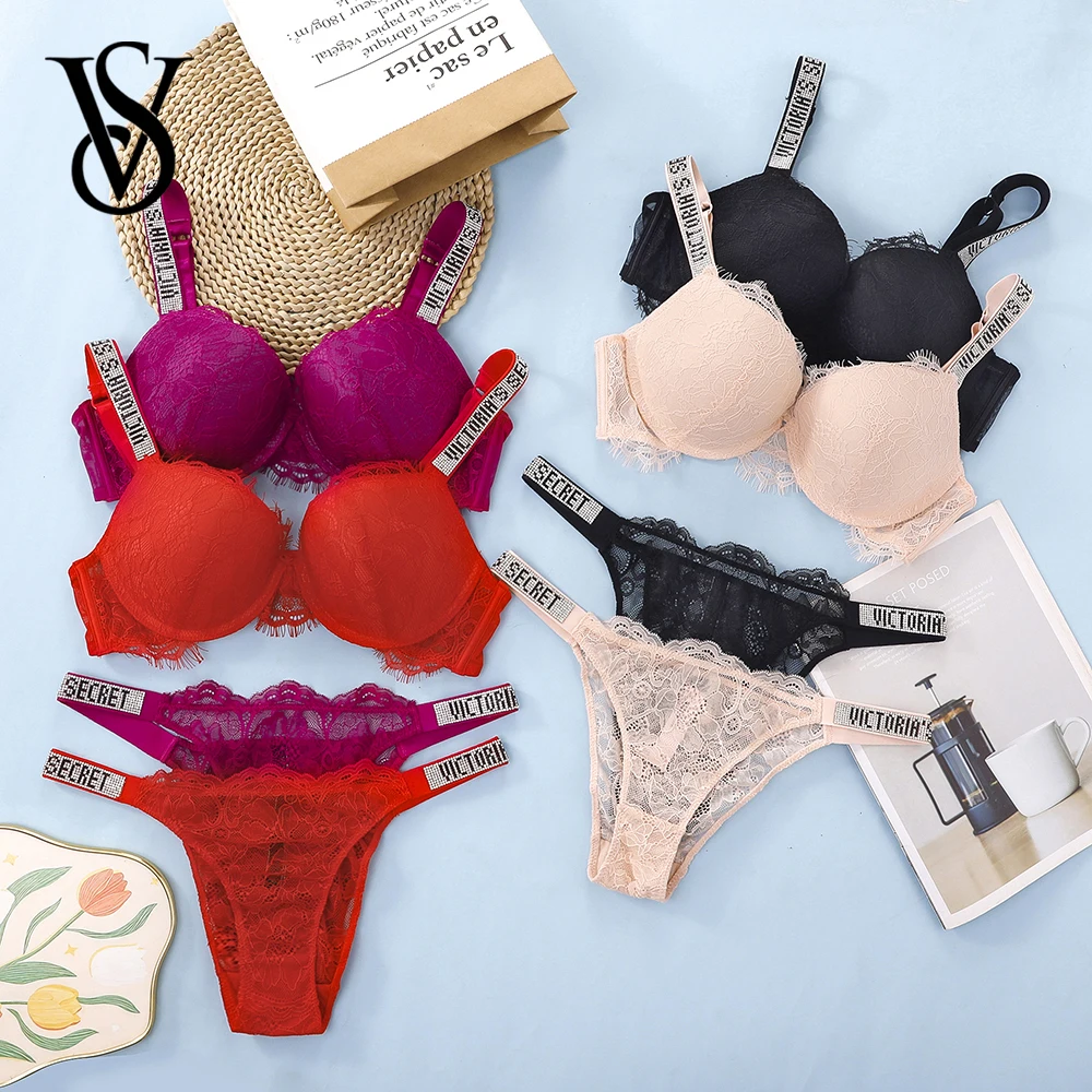 Victoria Secret Sexy Lingerie Set Very Sexy Eyelash Lace Fringe Trim Push Up Bra Shine Script Thong Panty Women