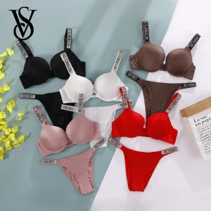 Victoria Secret Shine Script Thong Panty Very Sexy Logo Shine Strap Push Up Bra Set Sexy Women Lingerie Hot