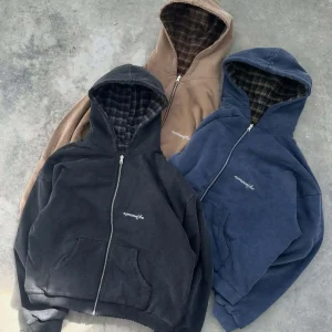 Vintage Plaid Lined Zip Up Hoodie Men Women Navy Blue Cotton Hooded Jacket Oversized Streetwear Casual Retro Outerwear