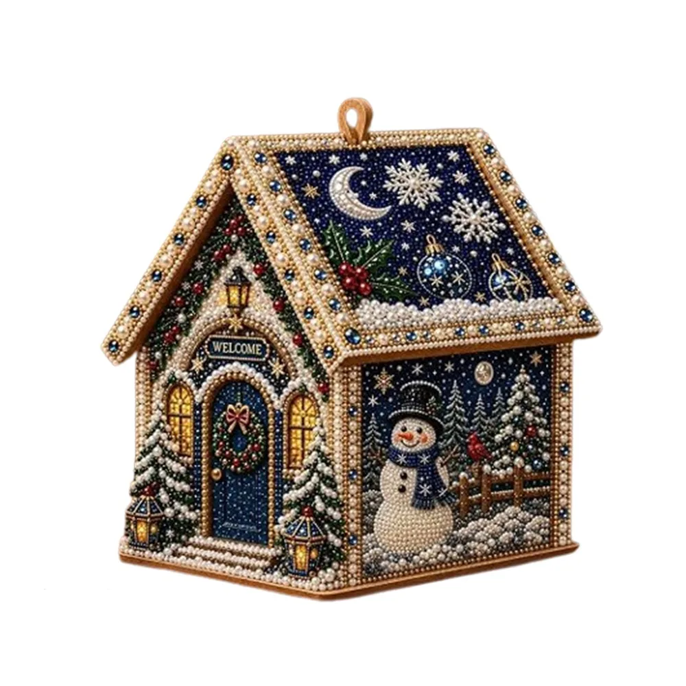 Vintage Style 3D Christmas House Diamond Art Kit Snowman Festive Pattern Christmas Pearl Art Craft Kit Handmade Self-Adhesive