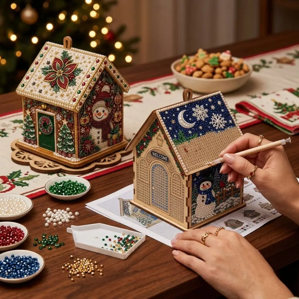 Vintage Style 3D Christmas House Diamond Art Kit Snowman Festive Pattern Pearl Bead Wooden House Craft Handmade Self-Adhesive - Image 2