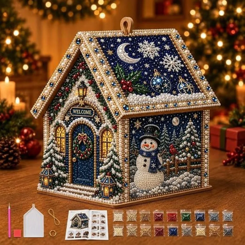 Vintage Style 3D Christmas House Diamond Art Kit Snowman Festive Pattern Pearl Bead Wooden House Craft Handmade Self-Adhesive - Image 3