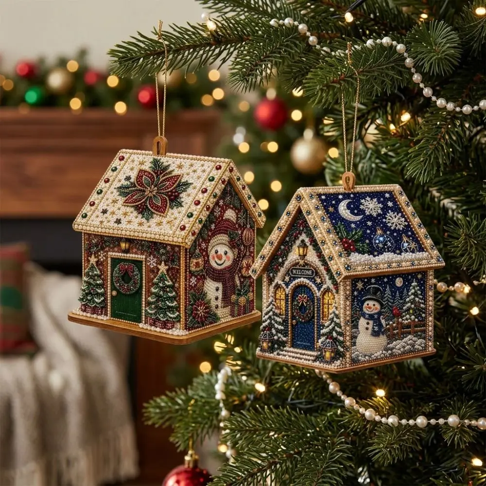 Vintage Style 3D Christmas House Diamond Art Kit Snowman Handmade Pearl Bead Wooden House Craft Festive Pattern Self-Adhesive - Image 4