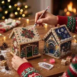Vintage Style 3D Christmas House Diamond Art Kit Snowman Handmade Pearl Bead Wooden House Craft Festive Pattern Self-Adhesive