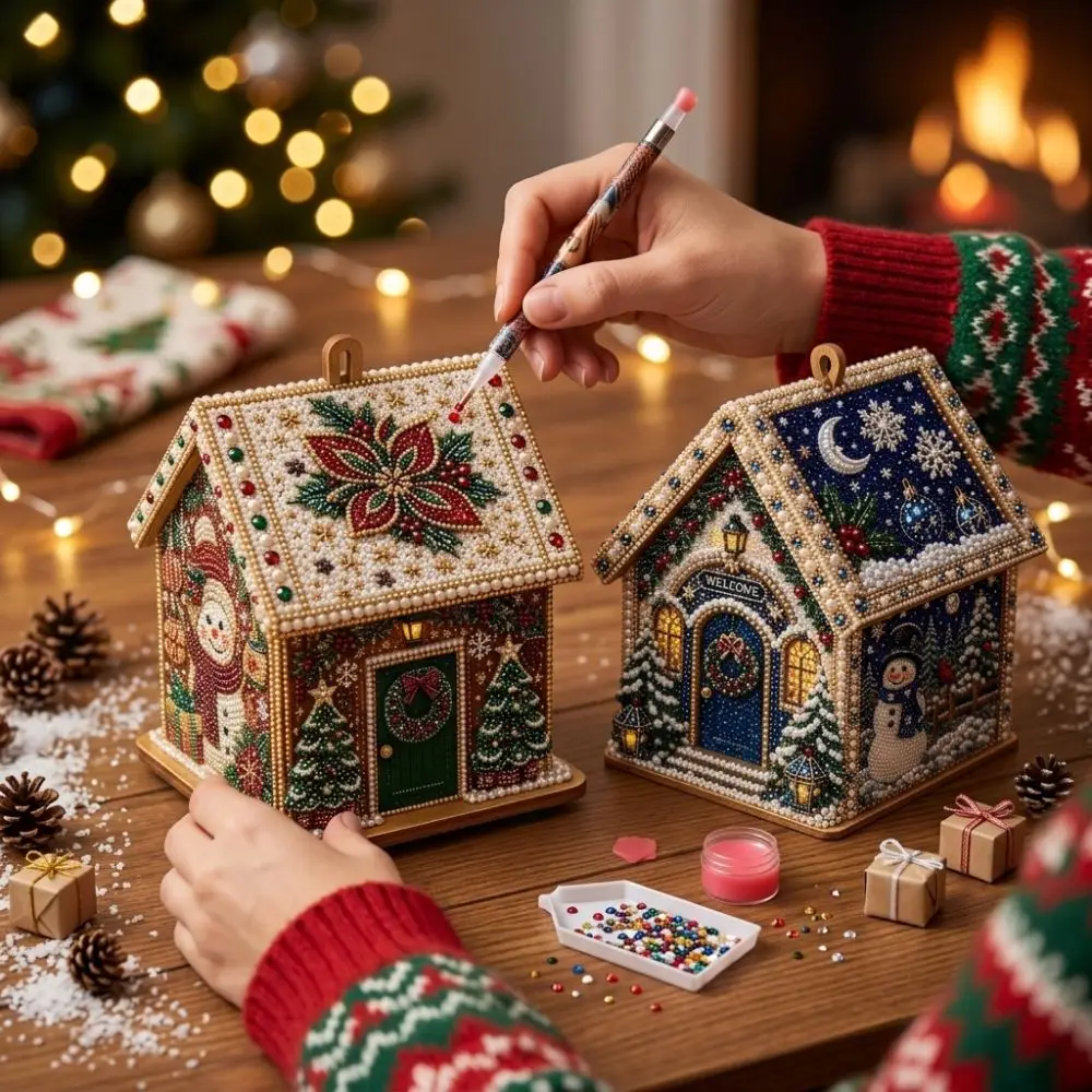 Vintage Style 3D Christmas House Diamond Art Kit Snowman Handmade Pearl Bead Wooden House Craft Festive Pattern Self-Adhesive
