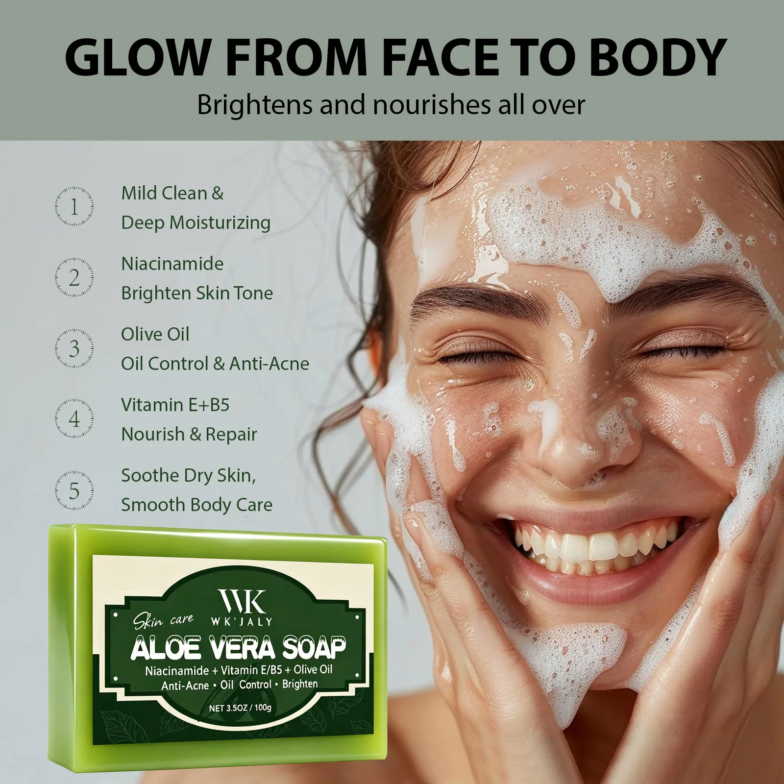WK JALY Natural Aloe Vera Soap Bar, Clean Skin, Anti Acne, Oil Control, Brighten, With Vitamin E, Olive Oil, For Face, Body - Image 2