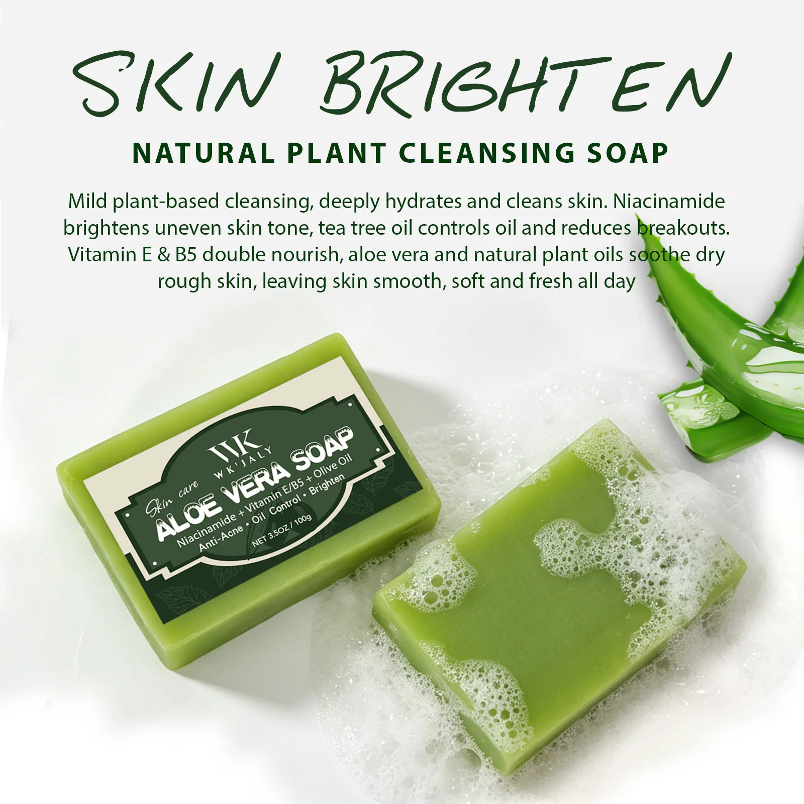 WK JALY Natural Aloe Vera Soap Bar, Clean Skin, Anti Acne, Oil Control, Brighten, With Vitamin E, Olive Oil, For Face, Body - Image 3