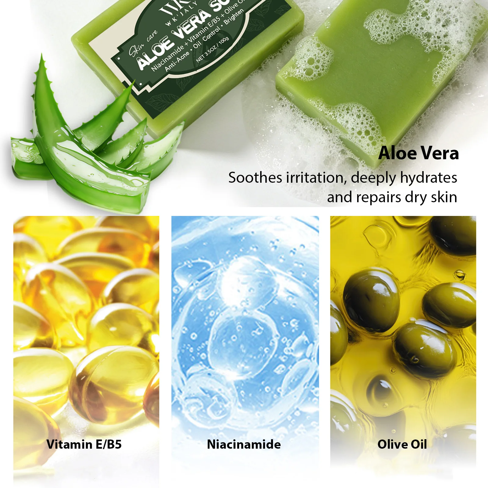 WK JALY Natural Aloe Vera Soap Bar, Clean Skin, Anti Acne, Oil Control, Brighten, With Vitamin E, Olive Oil, For Face, Body - Image 4
