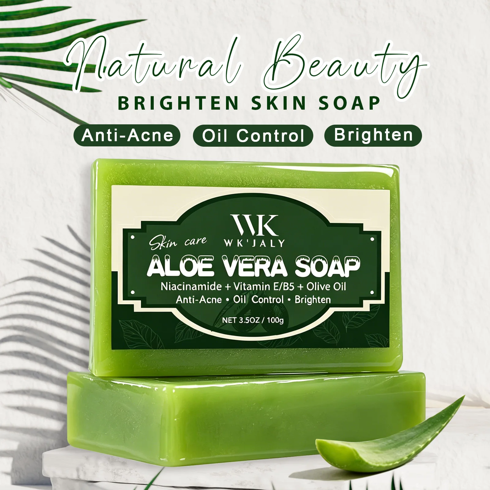WK JALY Natural Aloe Vera Soap Bar, Clean Skin, Anti Acne, Oil Control, Brighten, With Vitamin E, Olive Oil, For Face, Body - Image 5