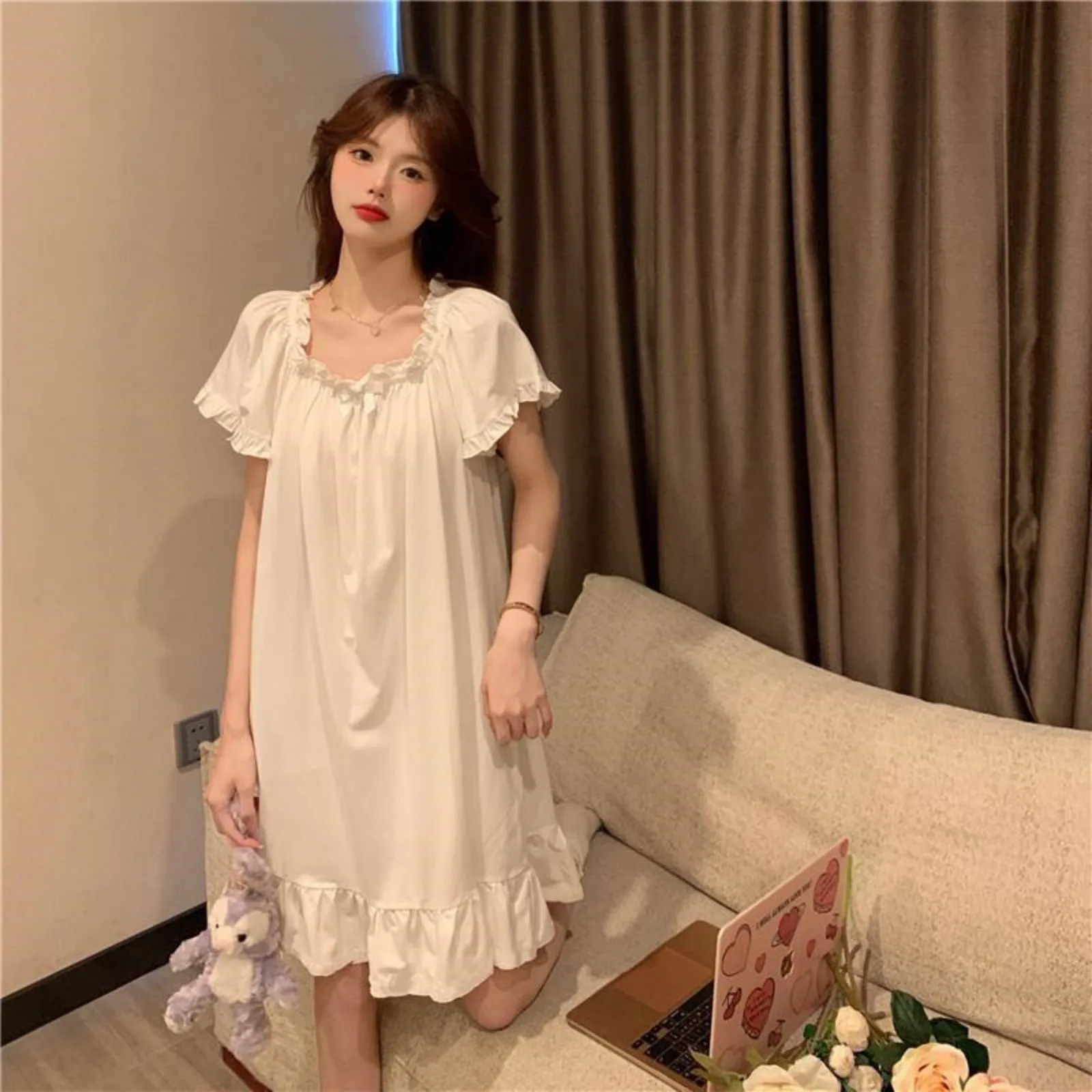 White Nightgowns Women Sweet Kawaii Girls Nightdress Princess Ruffles Square Collar Short Sleeve Summer Lounge Wear Sleepwear