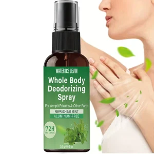 Whole Body Deodorizing Spray Mint Tapioca Starch. Aluminum-Free Odor Control. Smooths Nourishes. Private Parts. 72H Freshness.