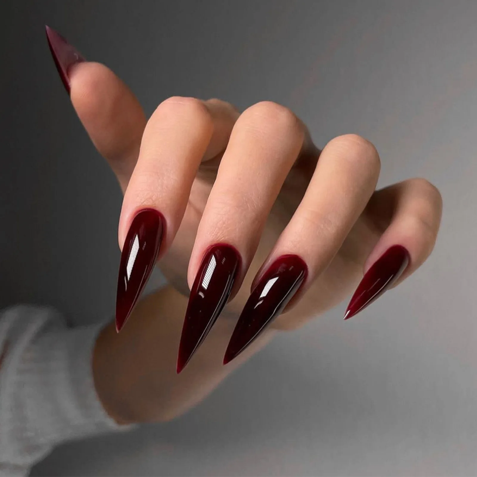Wine Red Long Stiletto Fake Nails for Halloween Party Full Cover Press On Nail Spicy Girls Charm Manicure Daily False Nail 24Pcs
